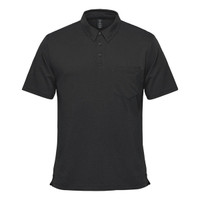 A black short sleeve polo shirt featuring a pocket and a logo on the chest. Suitable for casual wear.