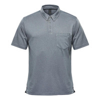 A grey short sleeve polo shirt with a collar and a pocket, featuring a logo on the chest.
