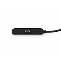 A power cable in black with a textured finish and a red accent, featuring a woven cord. It has a logo on one side.