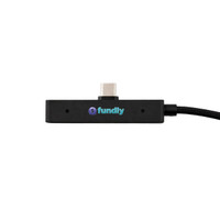 A charging cable in black with a robust design and a logo, featuring a USB-C connector on one end.
