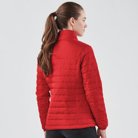 Red quilted jacket for women, featuring a high collar and a sleek design. Includes a branding logo.