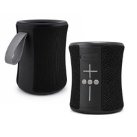 A compact black speaker with a textured exterior and a carrying strap, featuring control buttons on the front.