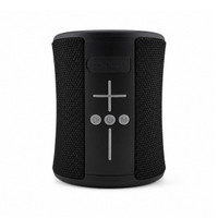 A black speaker with a textured surface, featuring control buttons and a USB Type-C port. It has a branded logo.