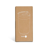 A coffee cup in a brown cardboard box, featuring a minimalist design and a lid, in a white colour.