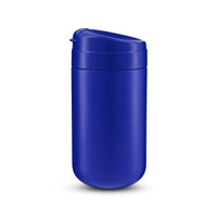 A blue coffee cup with a lid and a smooth finish, featuring a branding logo.