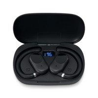 Black ear buds sitting in a charging case, featuring a digital display on the inside of the lid.