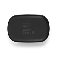 A black charging case for wireless earbuds featuring model information and specifications on the underside.