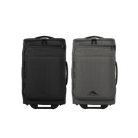 A wheeled duffle bag in black and grey with zippers and handles, featuring a logo on the side.