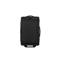 A black wheeled duffle bag with multiple zippered compartments and a handle for easy transport.