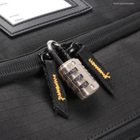 Combination lock on a secure travel bag with zip closure.