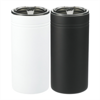 Two double-walled insulated drink tumblers that can be either coffee cup or stubby holder. One in black and one in white.