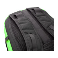Black backpack with air-mesh padding reduces sweat, enhancing comfort.