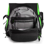 Backpack interior with multiple compartments and zippers for organized storage.