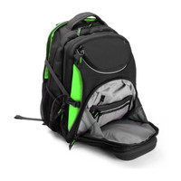 Black and green backpack with open compartments for travel and school.