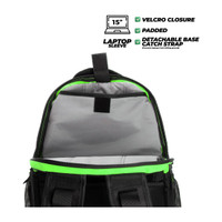 Backpack with a 15-inch padded laptop sleeve, velcro closure, and detachable base catch strap.