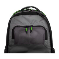 Gray backpack with black zipper and green accents, front view showing pockets.