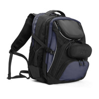Black and blue ergonomic backpack with multiple compartments and padded straps.