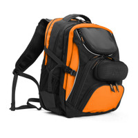 Black and orange ergonomic backpack with multiple compartments and padded straps.