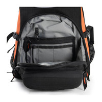 Open backpack with organized compartments and sleek design.