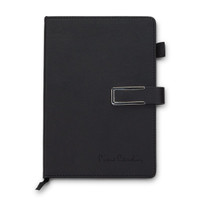 A black weekly diary with a clasp and a logo, featuring a simple and elegant design.