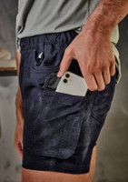 Men's rugged cooling stretch shorts in dark navy with a phone pocket, featuring a logo.