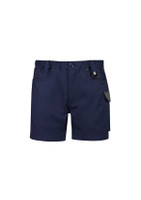 Navy blue men's shorts with a cooling stretch fabric, featuring multiple pockets and an adjustable waistband.