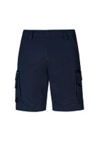Navy blue cargo shorts featuring multiple side pockets and a front button closure. Includes a logo on the waistband.