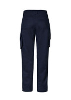 Navy cargo pants with a rugged design and stretch fabric, featuring side pockets and a logo on the back.