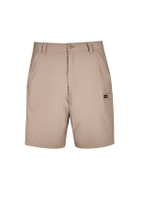 A pair of men's lightweight outdoor shorts in a sandy beige colour, featuring a button closure and a side pocket.