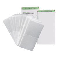 A pack of white travel paper soap sheets displayed beside their packaging. The product has a simple design with a logo.