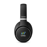 Black headphones with a circular design featuring a logo on one ear cup and a branding label on the headband.