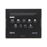 Aero by Nomis headphones in a sleek black design, featuring a box with branding and key features.