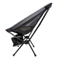 A camping chair in grey with a mesh back and a cup holder, featuring a collapsible frame.