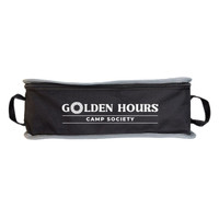 A black travel pouch with grey trim and handles, featuring a logo with the words "Golden Hours Camp Society."