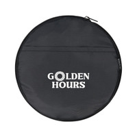 A round black zippered pouch with a logo and text on the front. The material appears durable and lightweight.