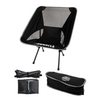 A black folding chair with a mesh seat and grey accents, accompanied by its carrying bag and assembled frame.