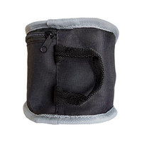 A black, cylindrical bag with a grey trim and a zipper, featuring a small handle on the side.
