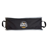 A black carry bag with grey trim and handles, featuring a circular logo with mountains.