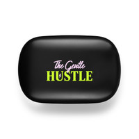 A black promotional product with a vibrant logo featuring the words "The Gentle Hustle" in pink and green.