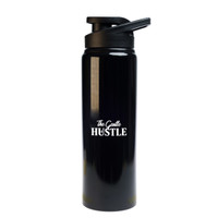 A black drink bottle with a flip-top lid and a logo. Suitable for outdoor activities or picnics.