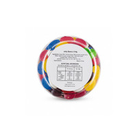 A clear can filled with assorted jelly beans in vibrant colours, featuring a branded label.
