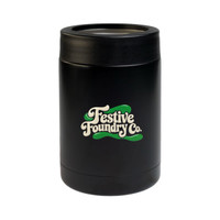 A black drink bottle with a logo, featuring a cylindrical design suitable for festive occasions.