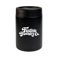 A black drink bottle with a silver top and a logo on the front, designed for festive occasions.