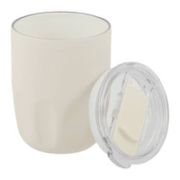 A drink bottle with a beige ceramic-lined body and a clear lid, featuring a logo.