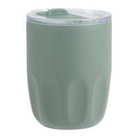 A drink bottle in matte sage green with a clear plastic lid and a textured design. It features a branding logo.