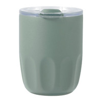 A drink bottle featuring a green exterior with a transparent lid and a ceramic liner inside. It has a simple, rounded design and includes a logo.