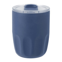 A drink bottle with a navy blue exterior and a clear lid, featuring a logo on the surface.