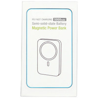A white packaging box featuring a magnetic power bank with a semi-solid state battery, illustrated design, and branding logo.