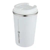 A drink bottle with a double wall design, featuring a white exterior, stainless steel rim, and a lid. Includes a logo.