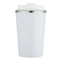 A drink bottle featuring a white exterior with a stainless steel lid and a logo. Double wall vacuum design.